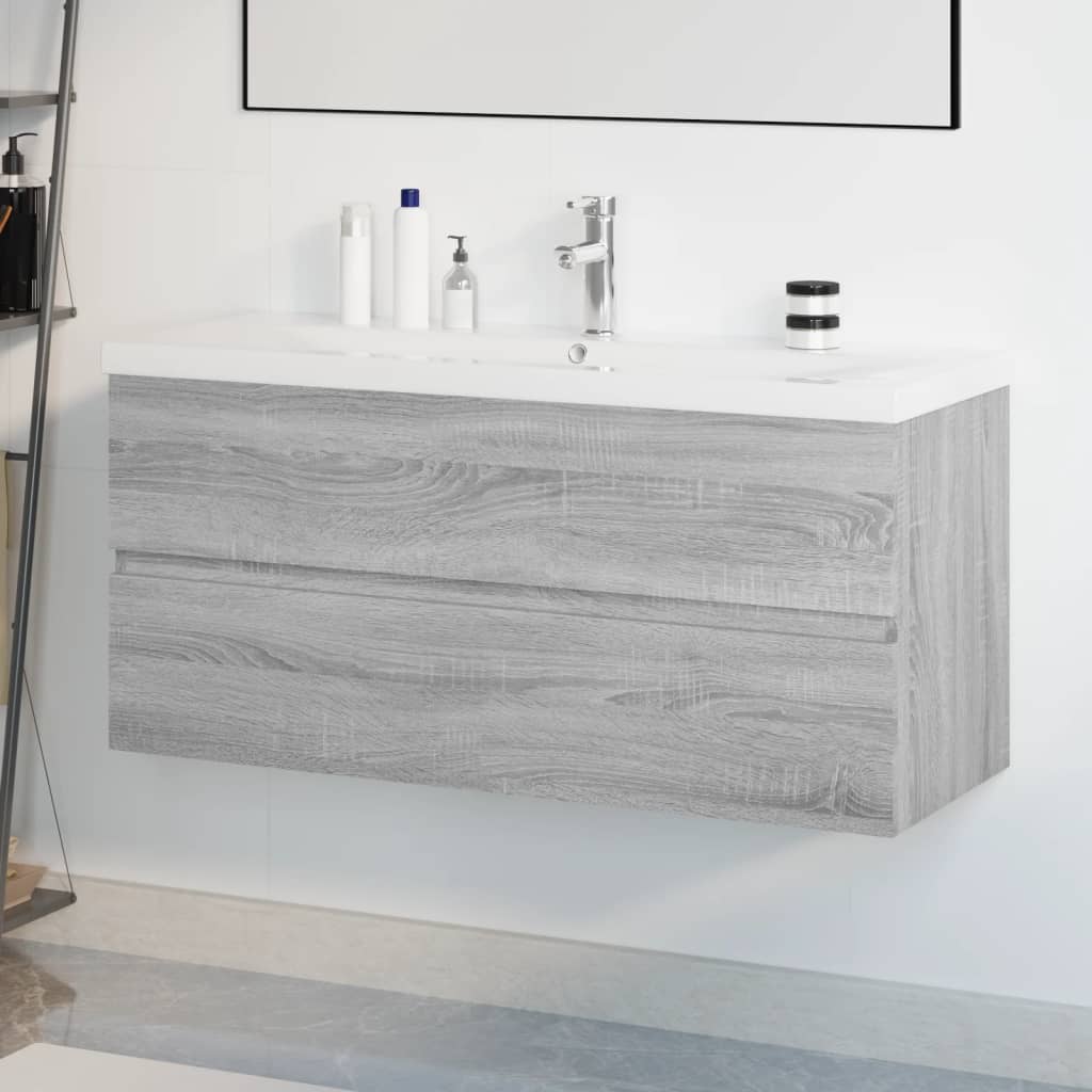 Washbasin cabinet with built-in basin, grey Sonoma wood material