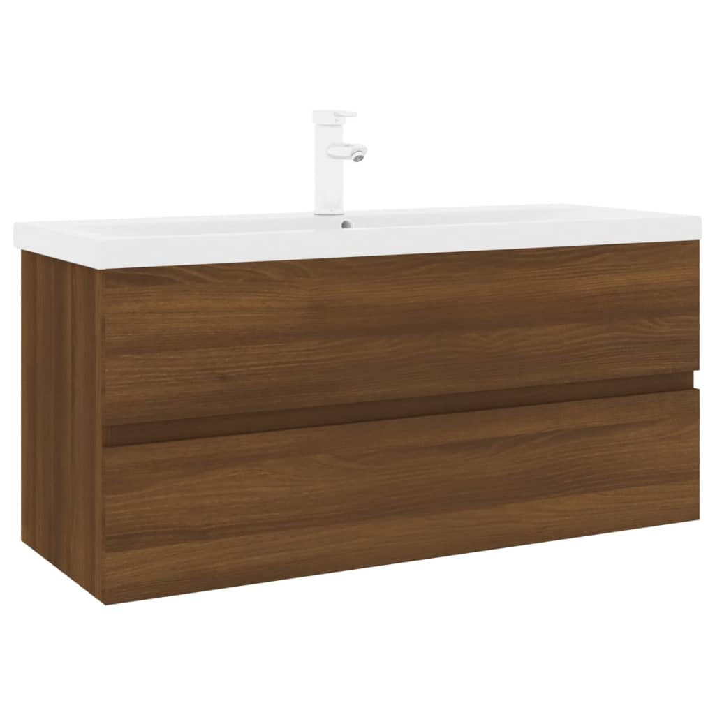 Washbasin cabinet with built-in basin brown oak wood material