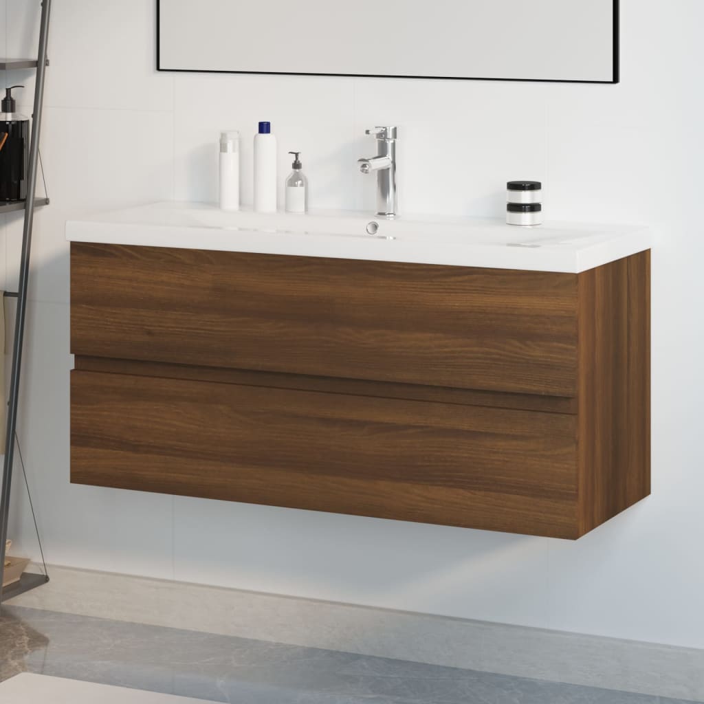 Washbasin cabinet with built-in basin brown oak wood material