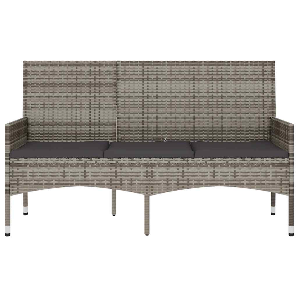 Garden Bench 3-Seater with Cushion Gray Poly Rattan