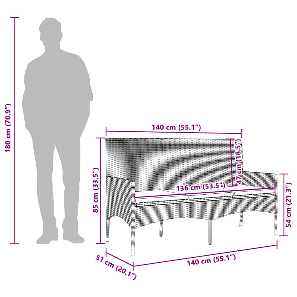 Garden Bench 3-Seater with Cushion Gray Poly Rattan