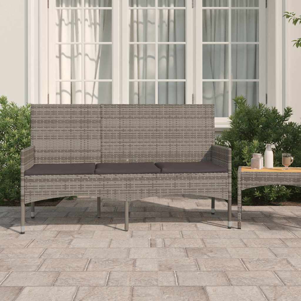Garden Bench 3-Seater with Cushion Gray Poly Rattan