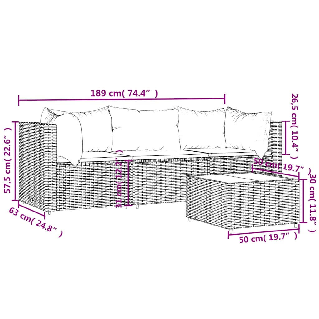 4-piece garden lounge set with cushions gray poly rattan