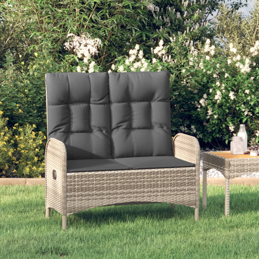 Garden bench with reclining function and cushion 107 cm poly rattan grey