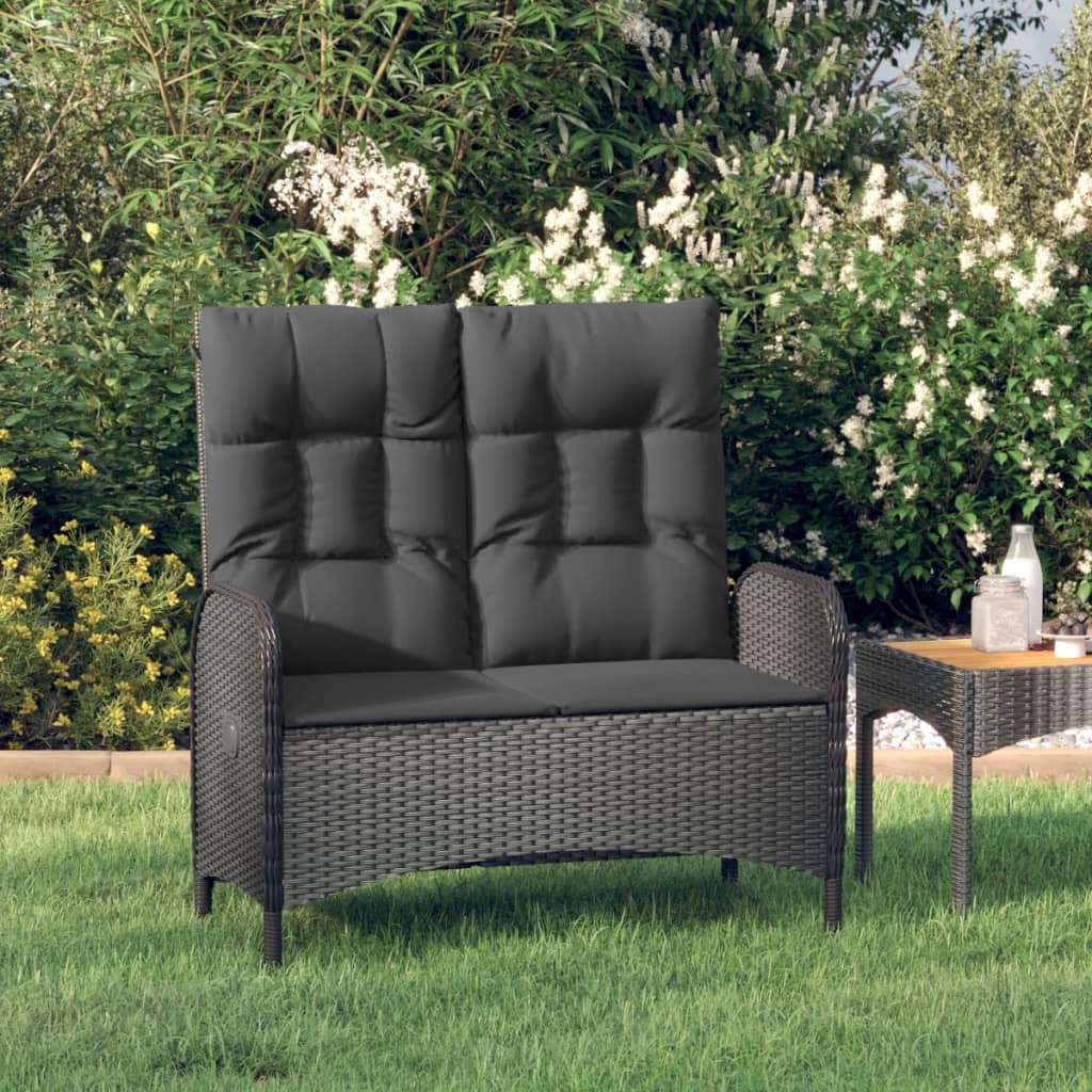 Garden bench with reclining function &amp; cushion 107cm poly rattan black