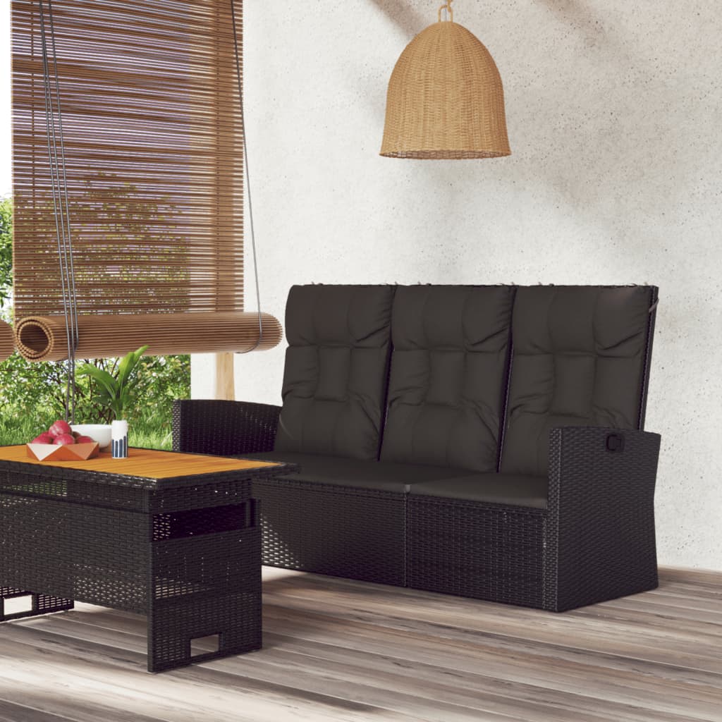 Garden Bench with Reclining Function &amp; Cushions Black 173cm Poly Rattan