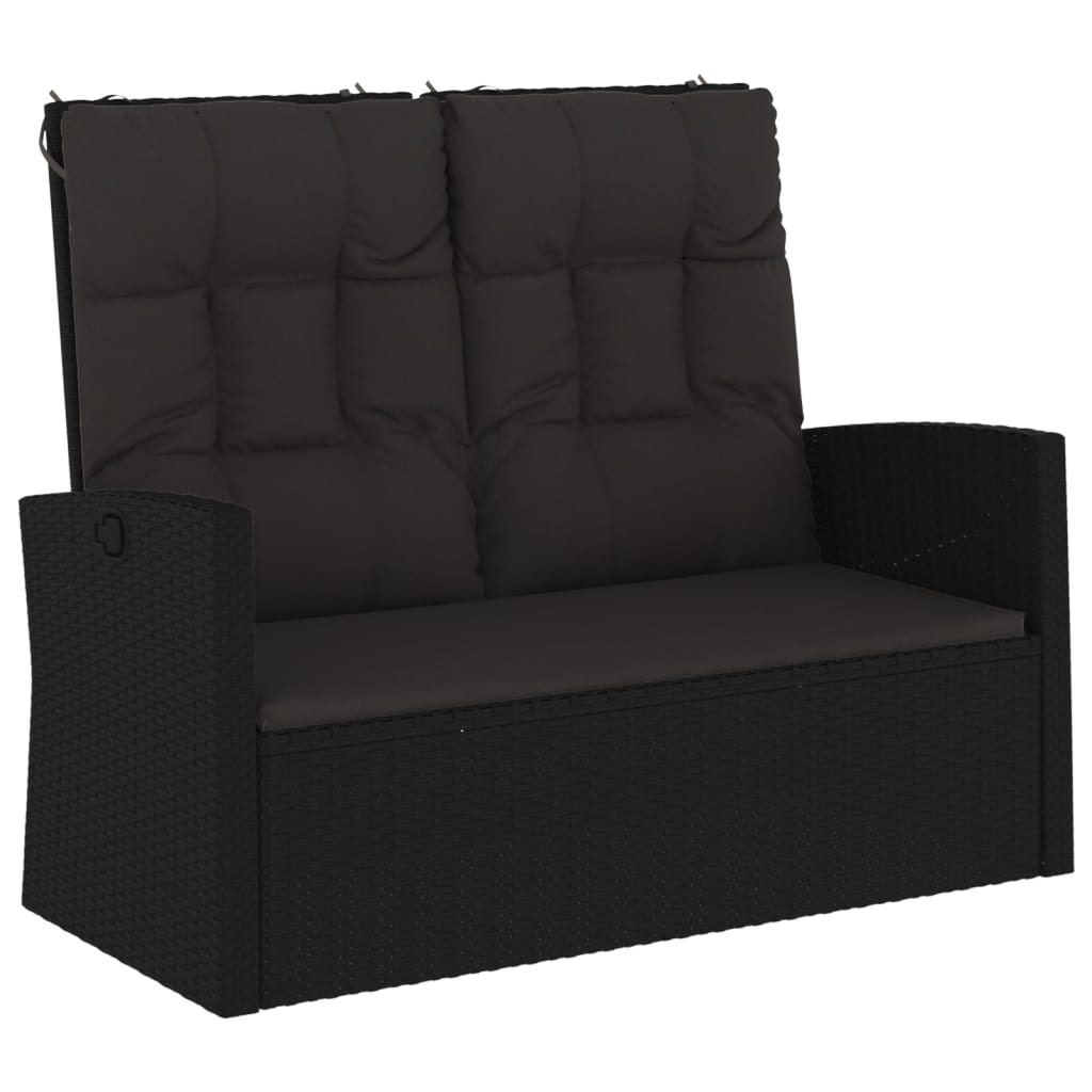 Garden Bench with Reclining Function &amp; Cushion Black 118cm Poly Rattan