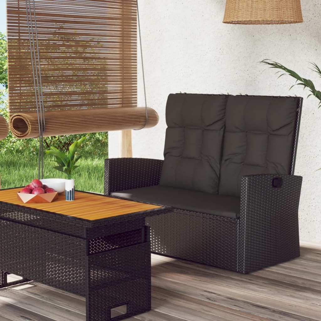 Garden Bench with Reclining Function &amp; Cushion Black 118cm Poly Rattan