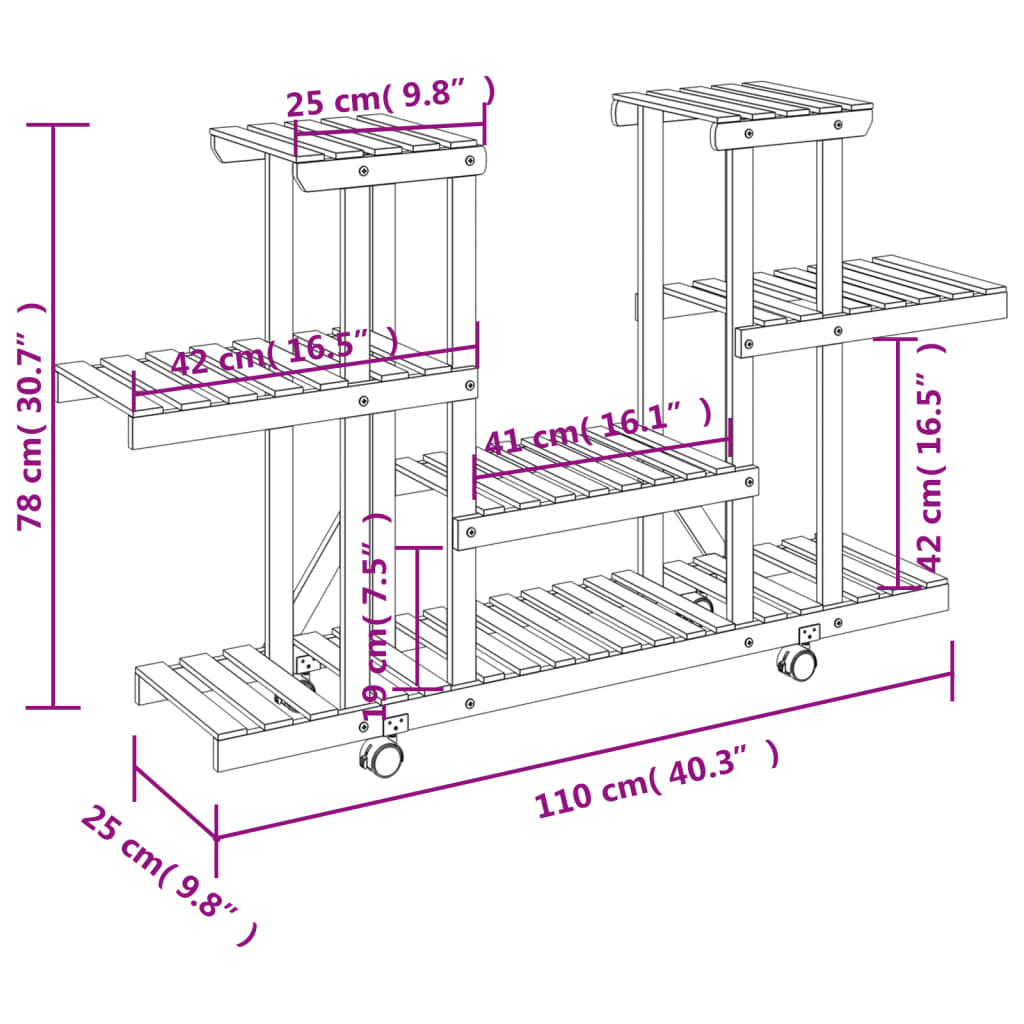 Flower stand with wheels 110x25x78 cm solid fir wood
