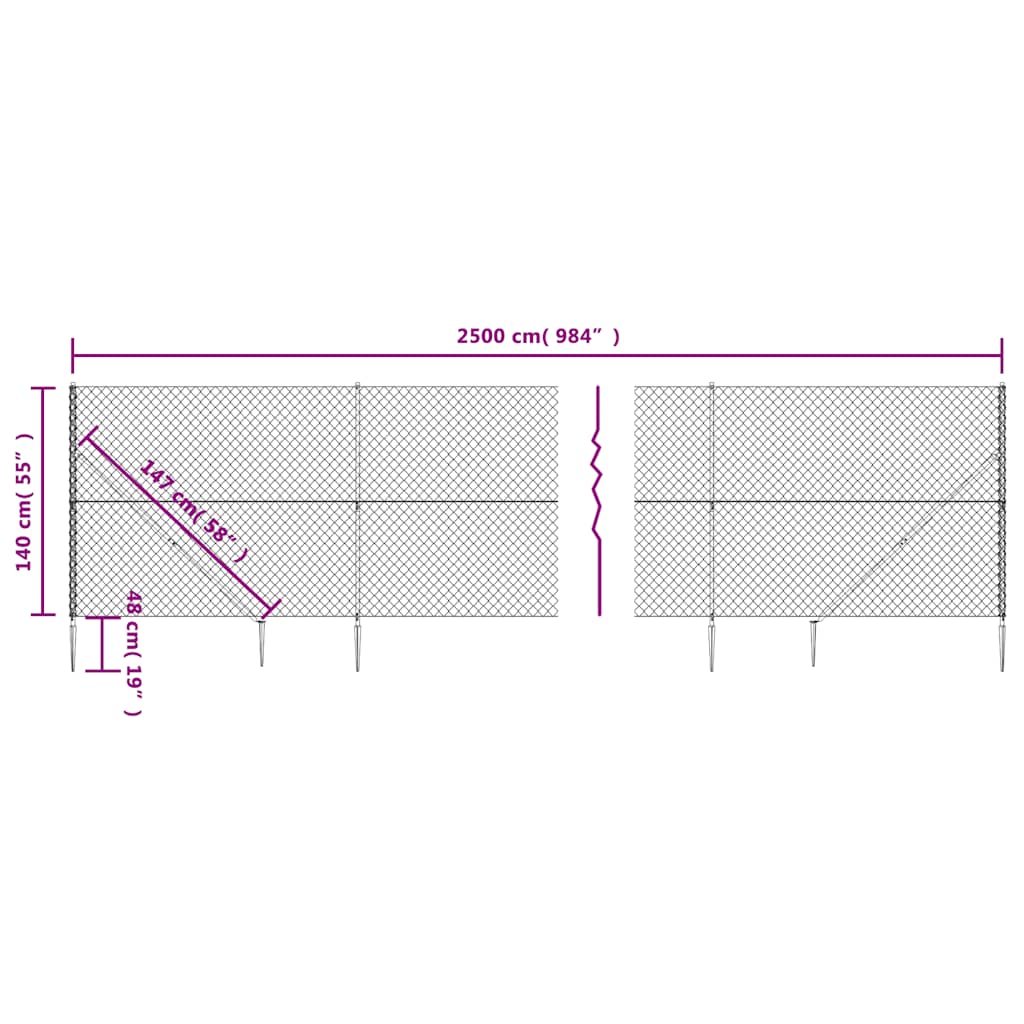Maschendrahtzaun mit Bodenhülsen Silbern 1,4x25 m