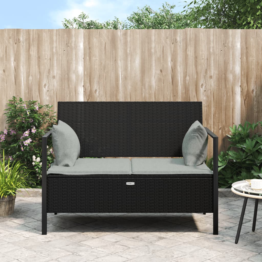 Garden Bench 2-Seater with Cushion Black Poly Rattan