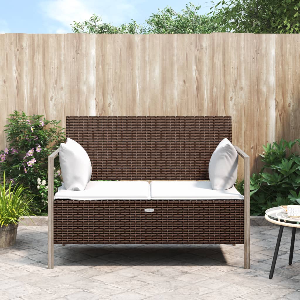 Garden Bench 2-Seater with Cushion Brown Poly Rattan