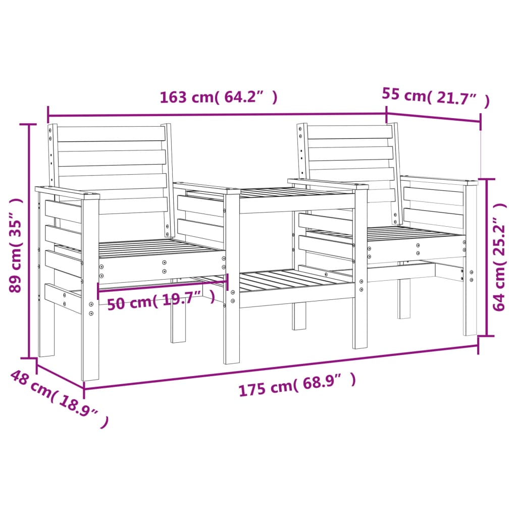 Garden bench with table 2-seater solid pine wood