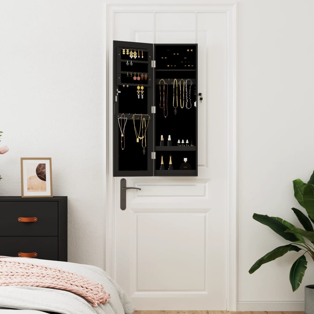 Jewelry cabinet with mirror, wall-mounted, black, 30 x 8.5 x 90 cm