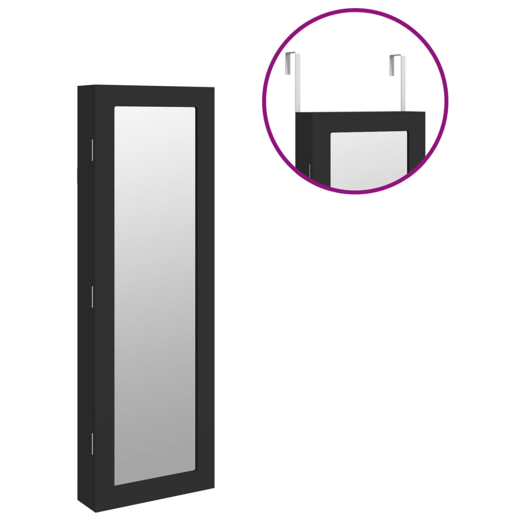 Jewelry cabinet with mirror, wall-mounted, black, 30 x 8.5 x 90 cm