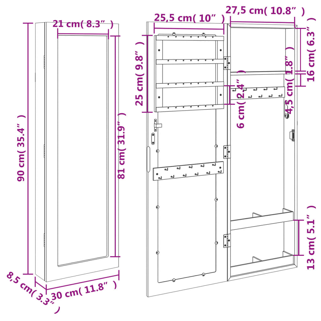 Jewelry cabinet with mirror, wall-mounted, black, 30 x 8.5 x 90 cm