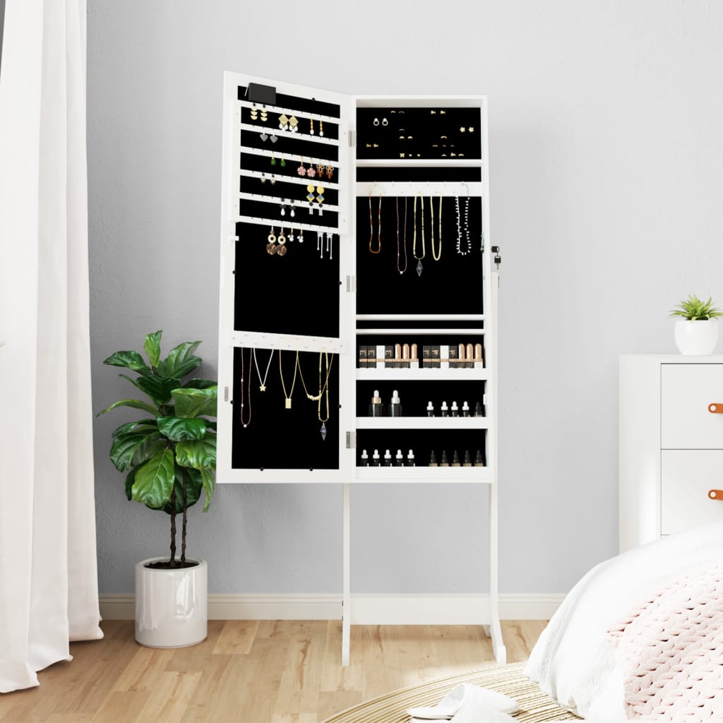 Jewelry cabinet with mirror &amp; LED lighting, freestanding, white