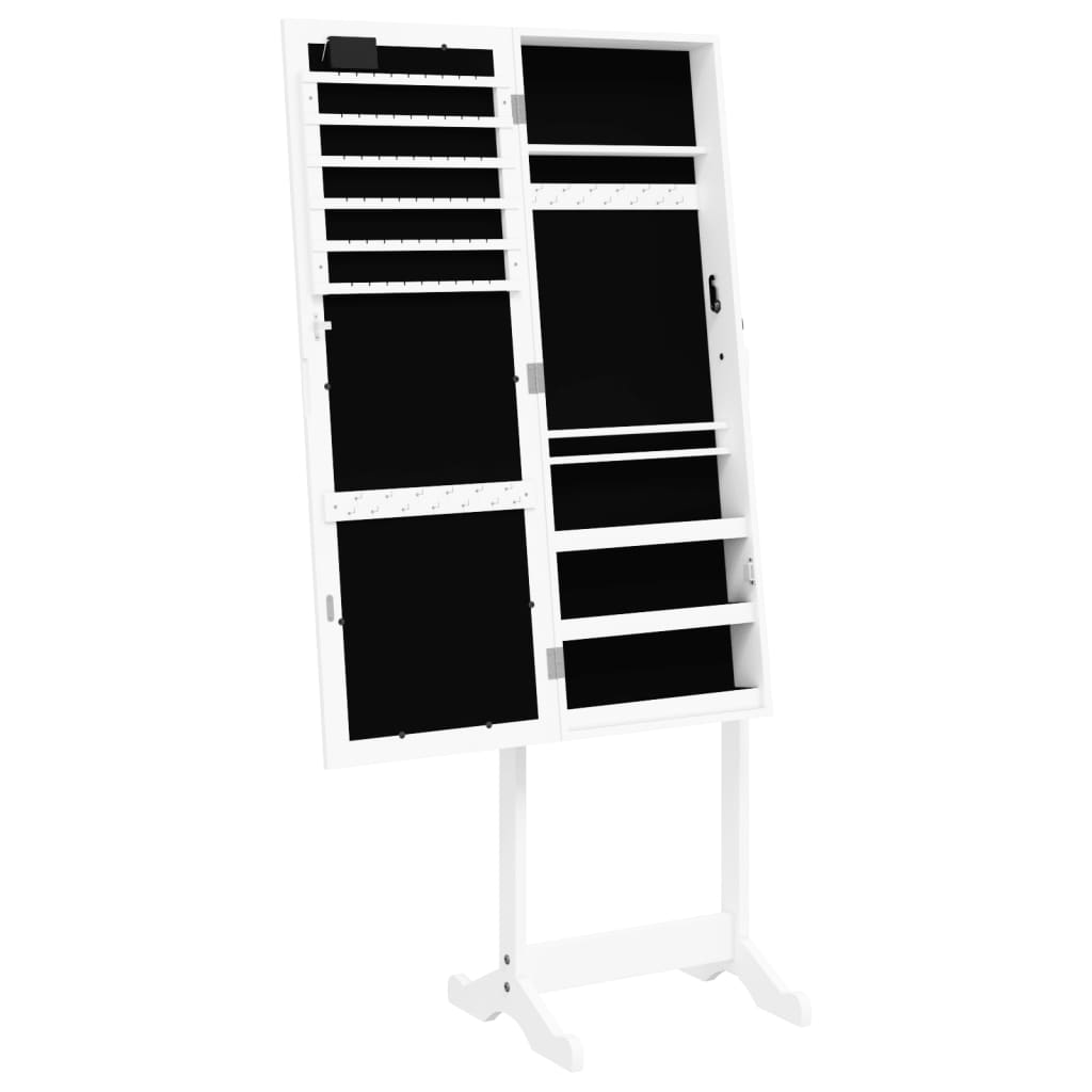Jewelry cabinet with mirror &amp; LED lighting, freestanding, white