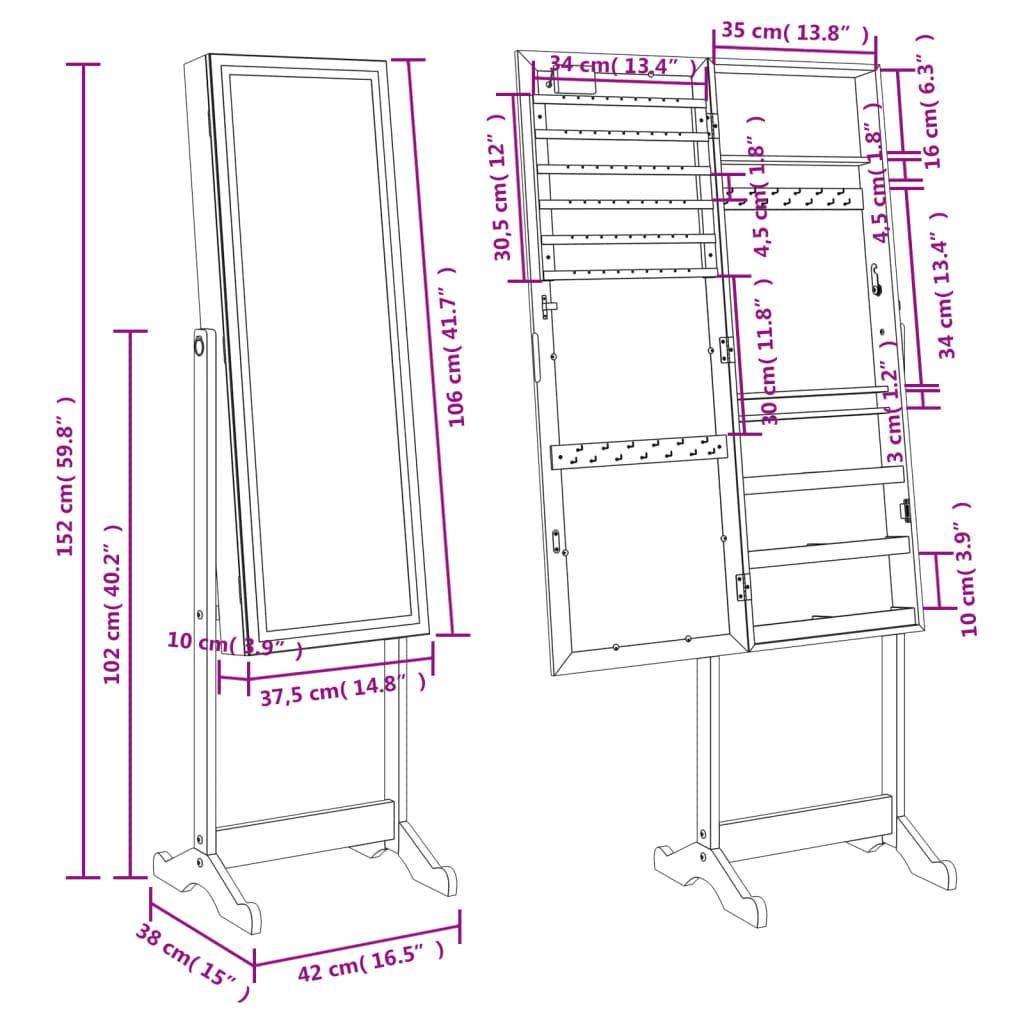Jewelry cabinet with mirror &amp; LED lighting, freestanding, white
