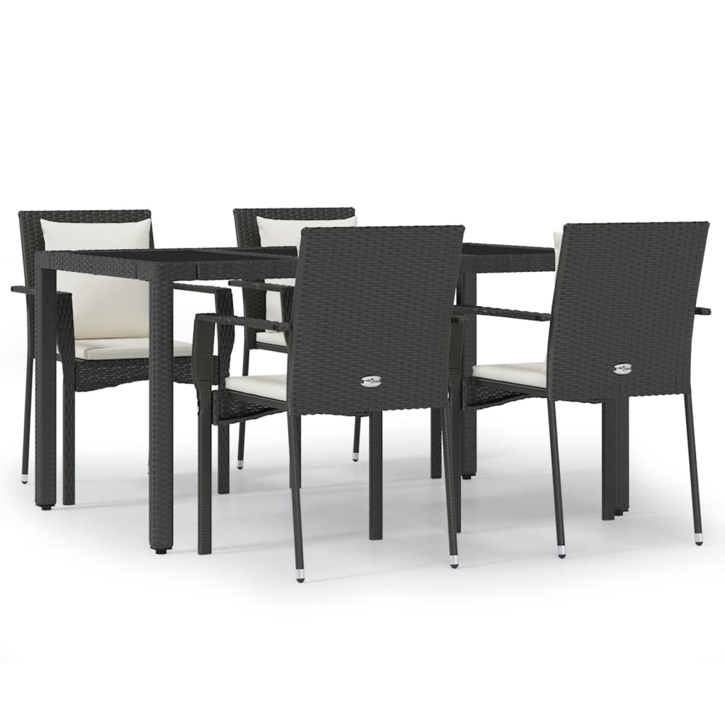 5-piece garden dining set with cushions black poly rattan