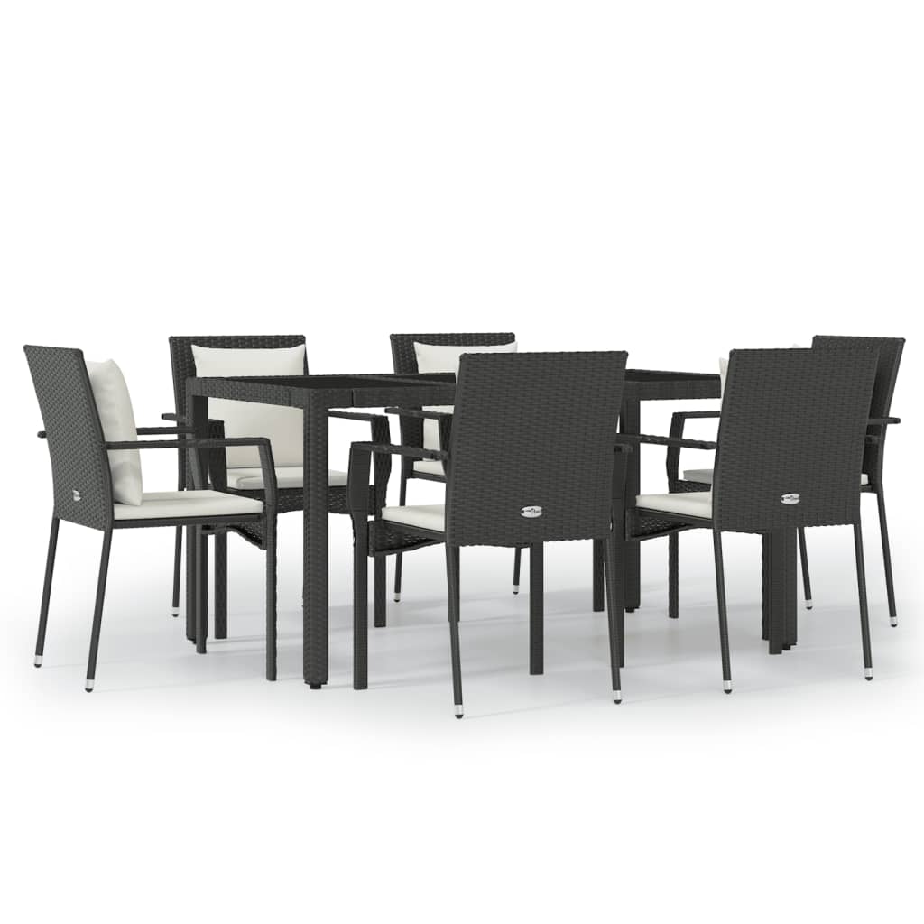 7-piece garden dining set with cushions black poly rattan