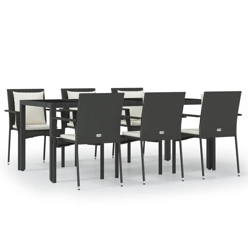 7-piece garden dining set with cushions black poly rattan