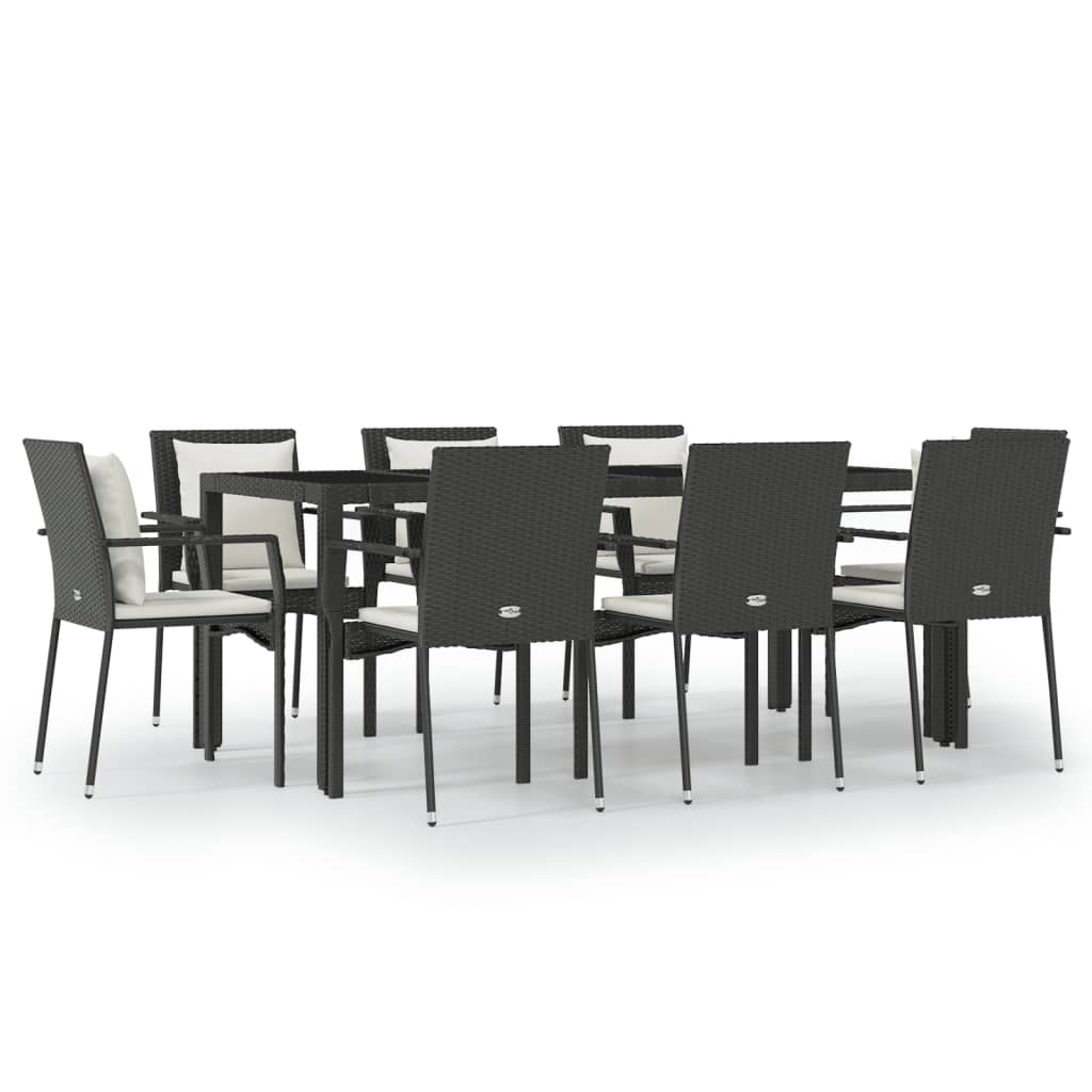 9-piece garden dining set with cushions, black poly rattan
