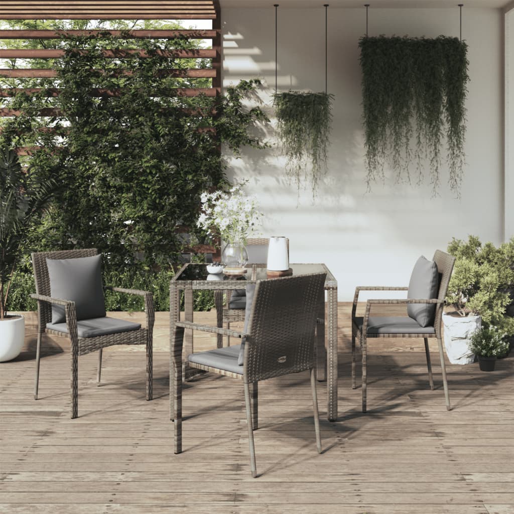 5-piece garden dining set with cushions, grey poly rattan