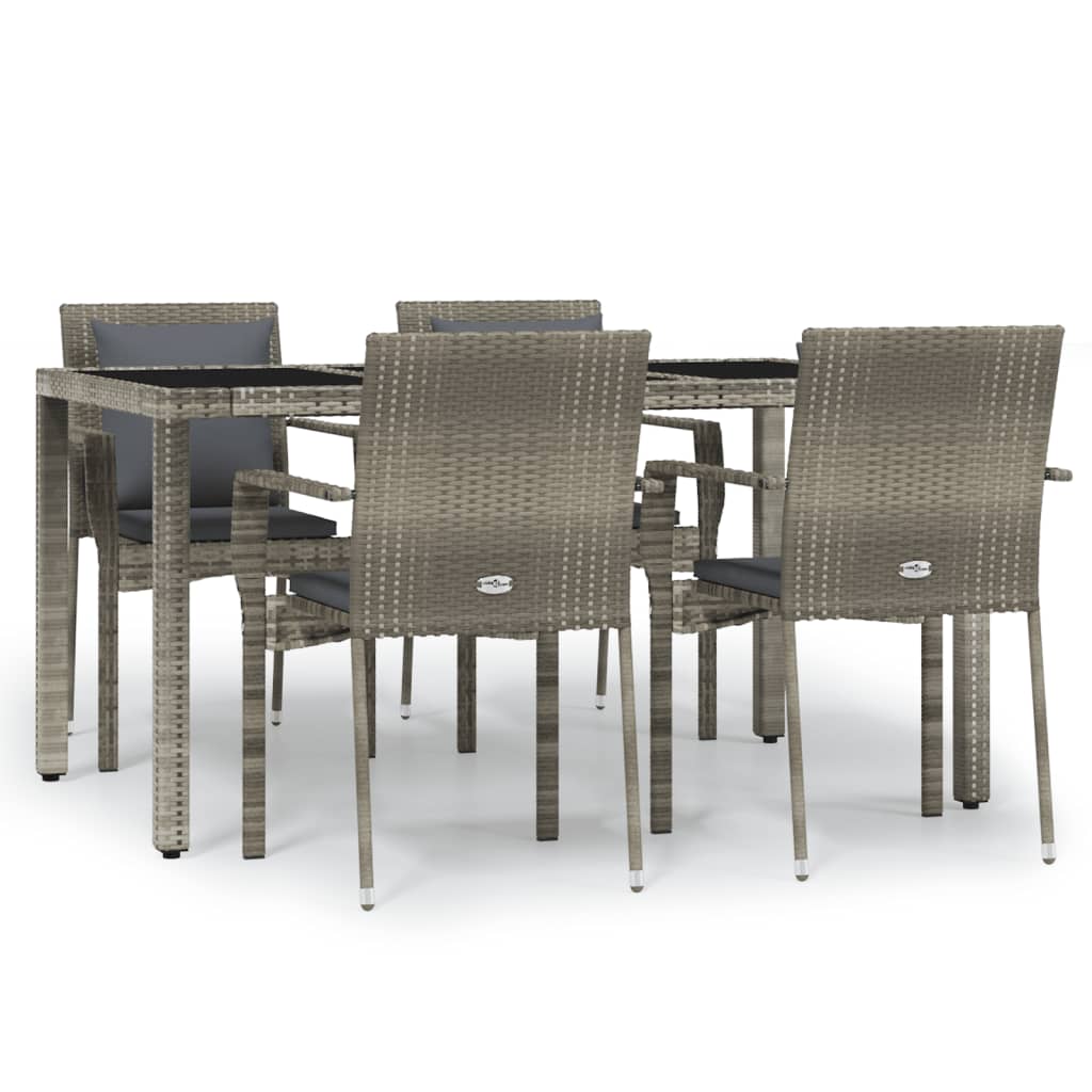 5-piece garden dining set with cushions, grey poly rattan