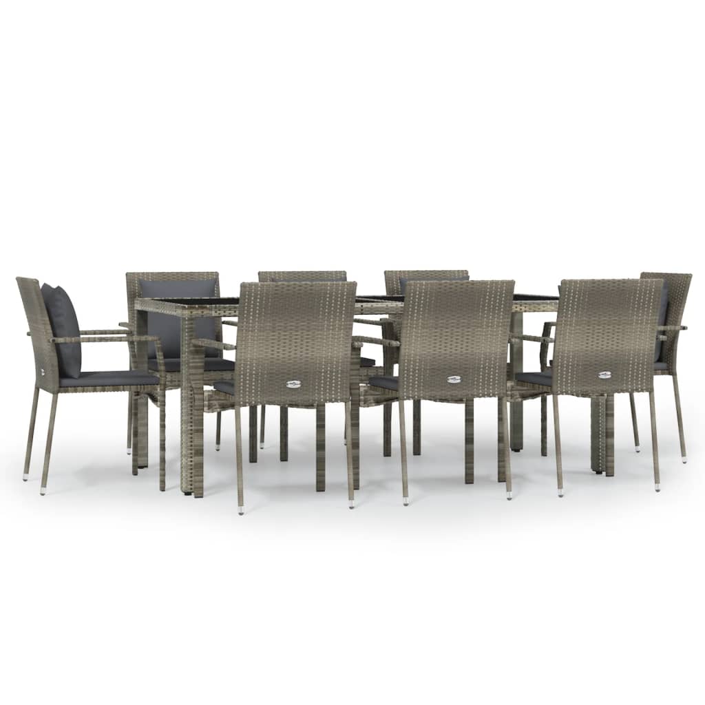 9-piece garden dining set with cushions, grey poly rattan