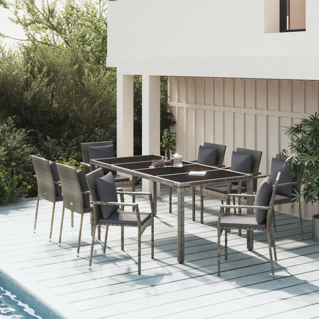 9-piece garden dining set with cushions, grey poly rattan