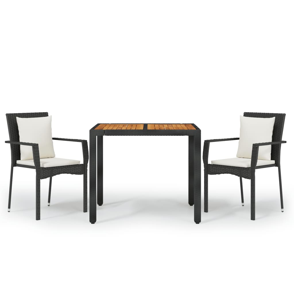 3-piece garden dining set with cushions black poly rattan