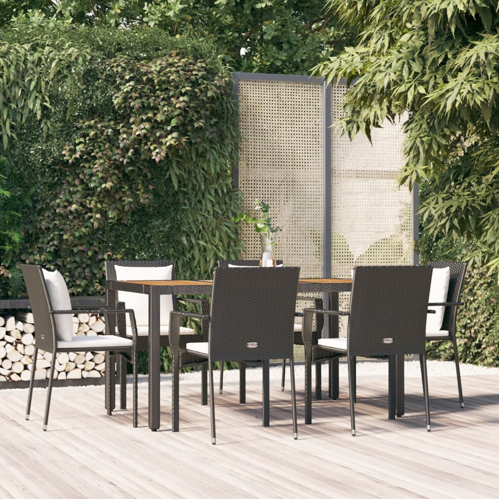 7-piece garden dining set with cushions black poly rattan