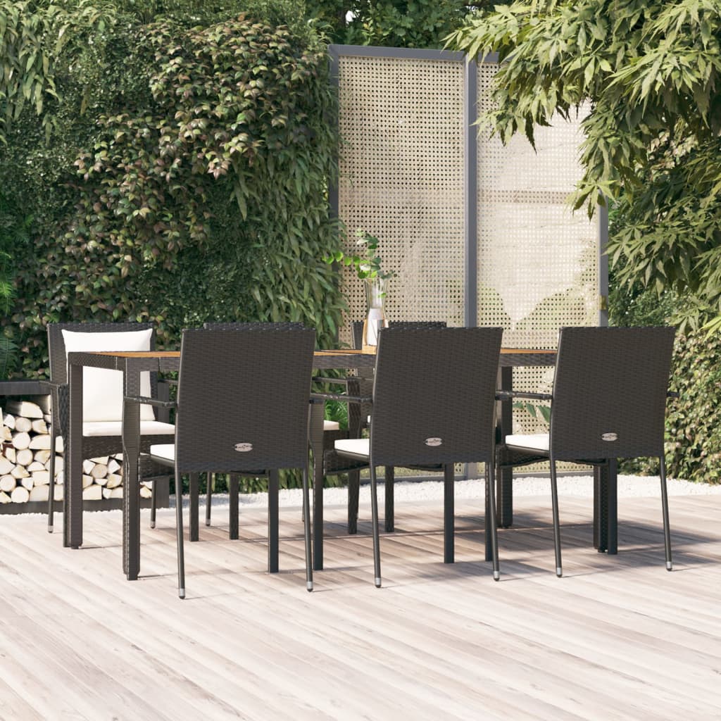 7-piece garden dining set with cushions black poly rattan