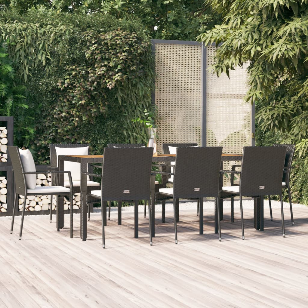 9-piece garden dining set with cushions, black poly rattan