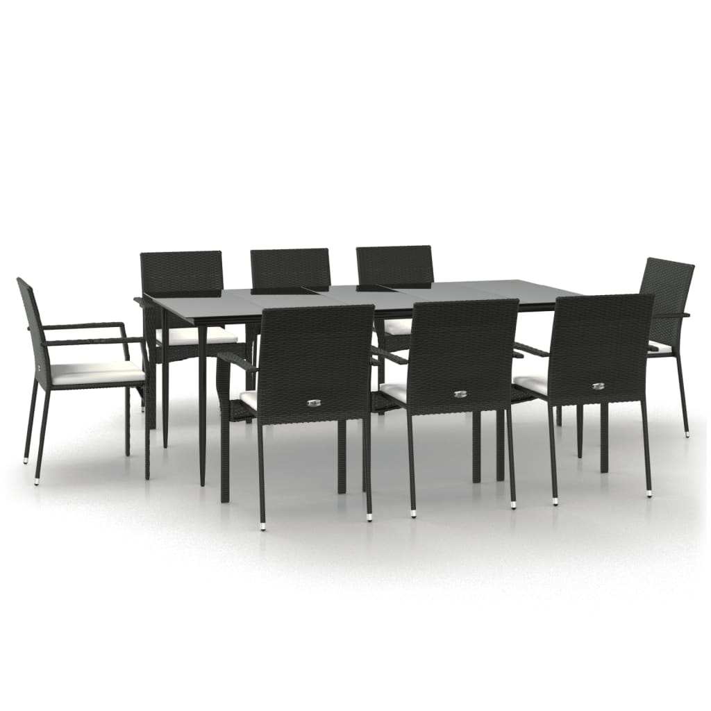 9-tlg. Garten-Essgruppe mit Kissen Schwarz Poly Rattan