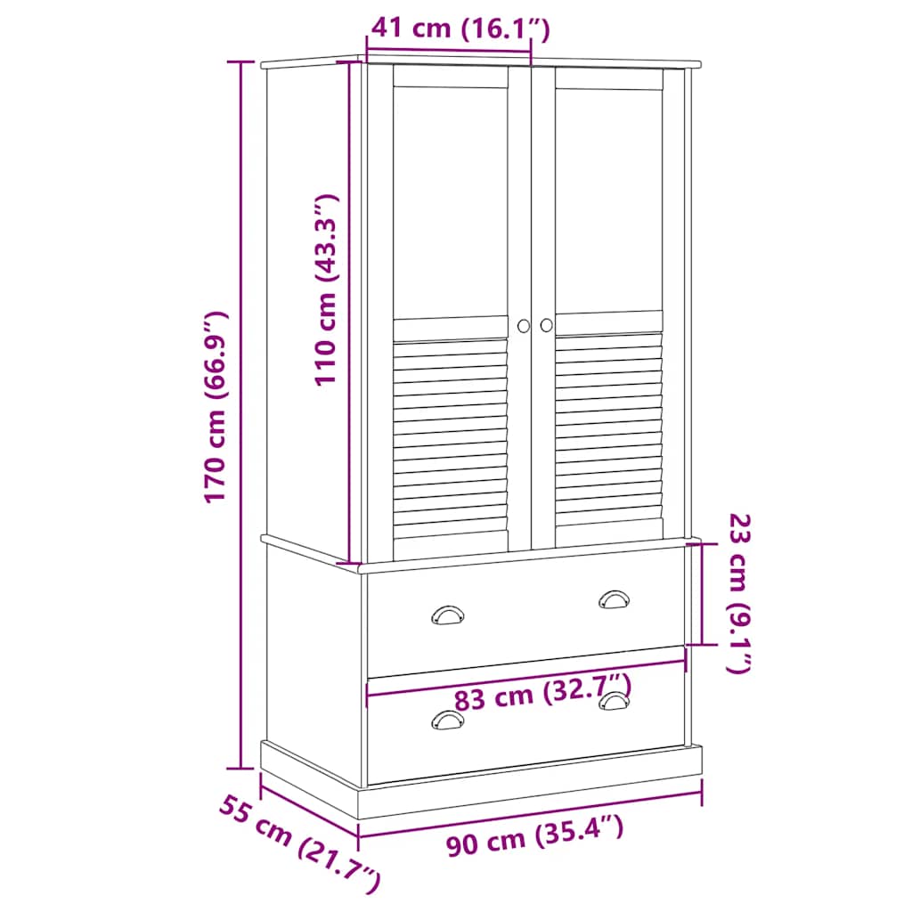 Kleiderschrank VIGO Weiß 90x55x170 cm Massivholz Kiefer