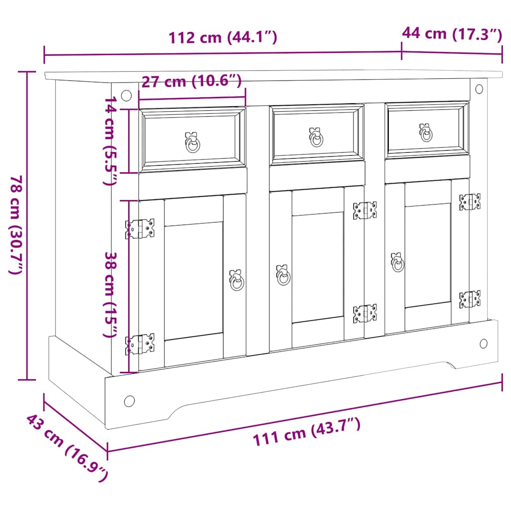 Sideboard Corona 112x44x78 cm Massivholz Mexikanische Kiefer
