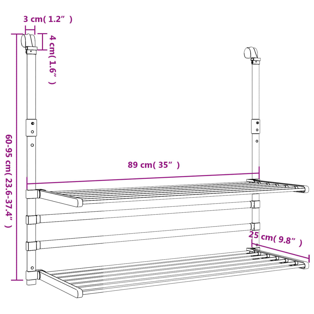 Clothes dryer for balcony 89x25x(60-95) cm aluminum