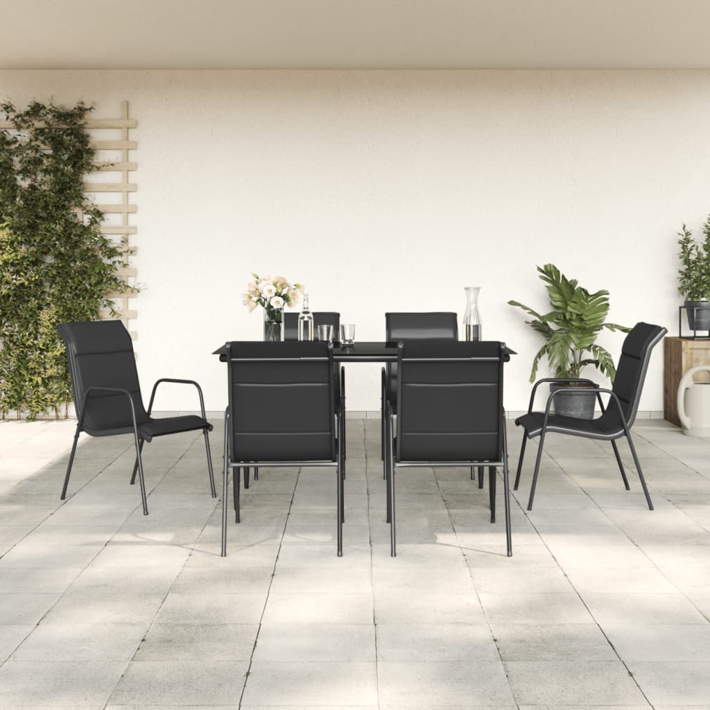 7-tlg. Garten-Essgruppe Schwarz Stahl und Textilene