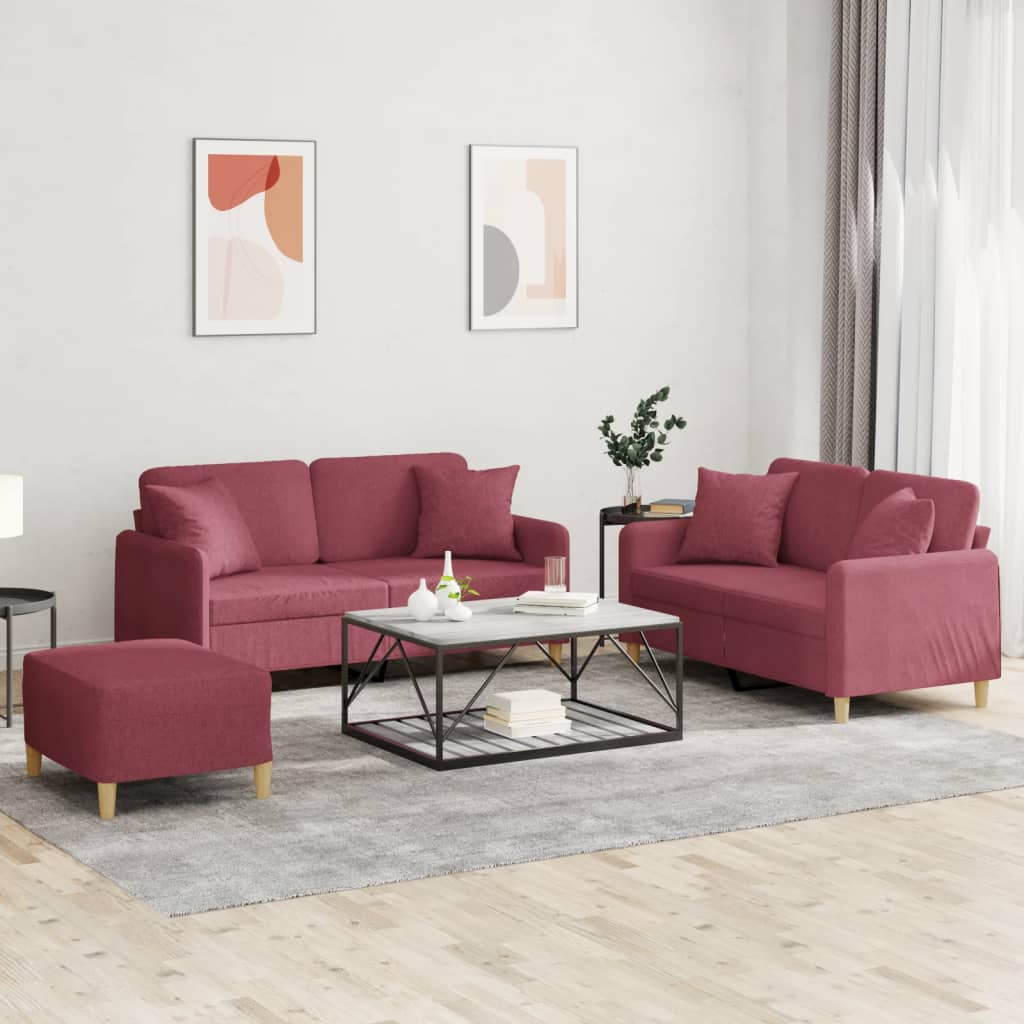 3-tlg. Sofagarnitur mit Kissen Weinrot Stoff