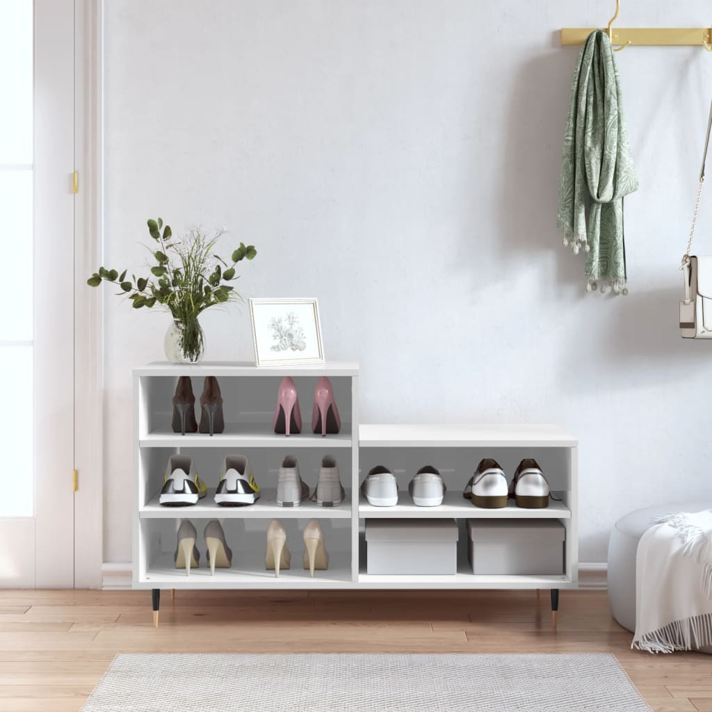 Shoe rack high gloss white 102x36x60 cm wood material