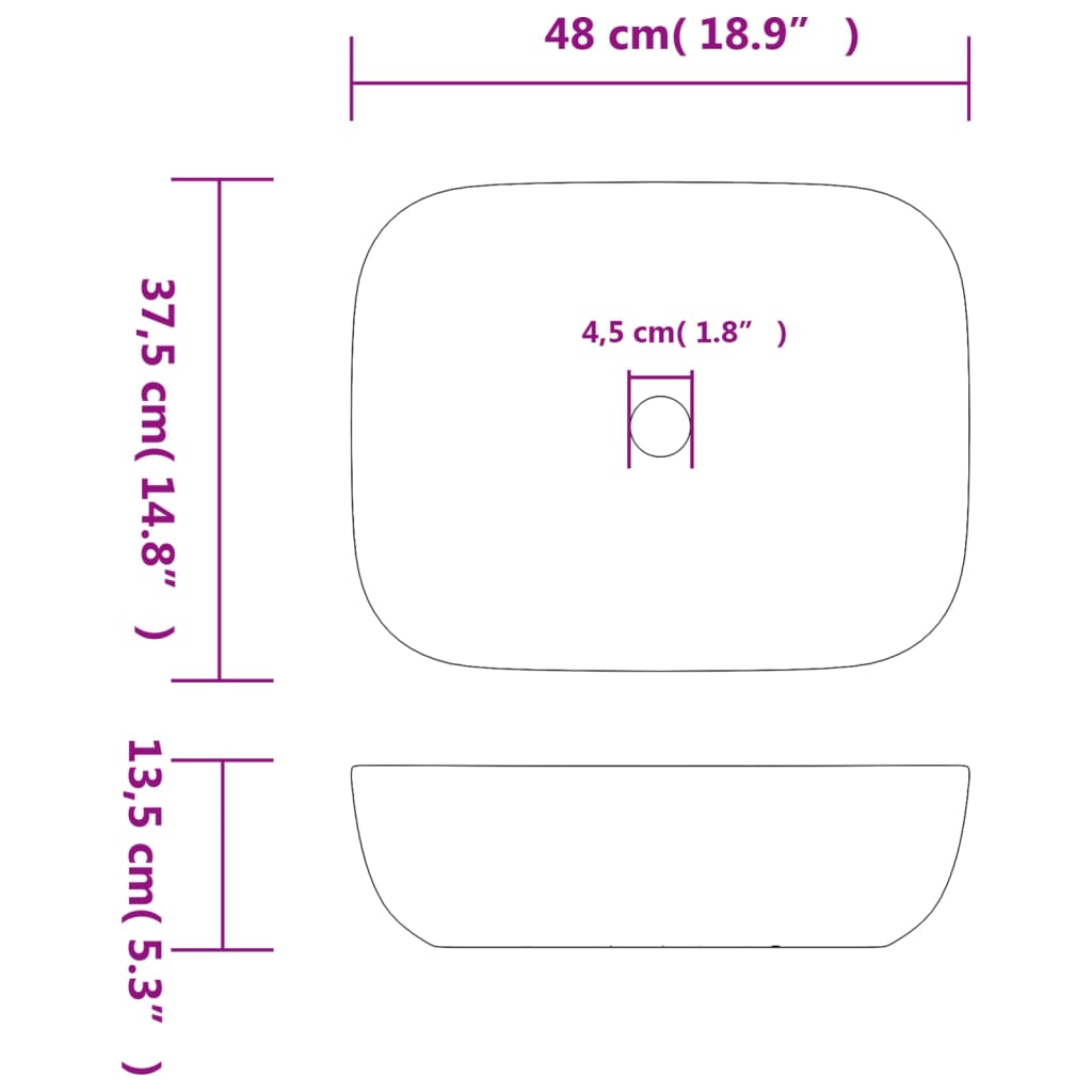 Countertop washbasin grey black rectangle 48x37.5x13.5cm ceramic
