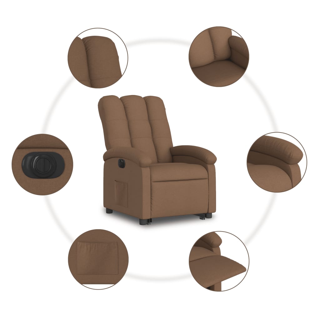 Recliner chair with electric riser, brown fabric