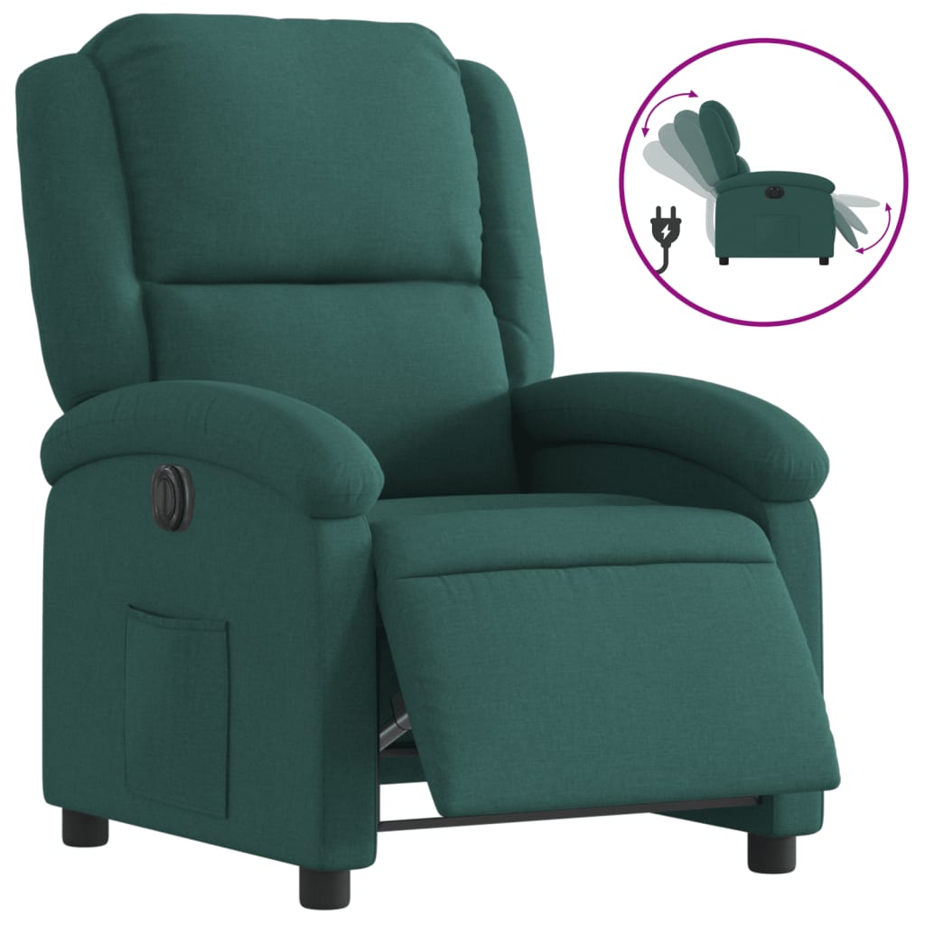 Electric recliner chair in dark green fabric