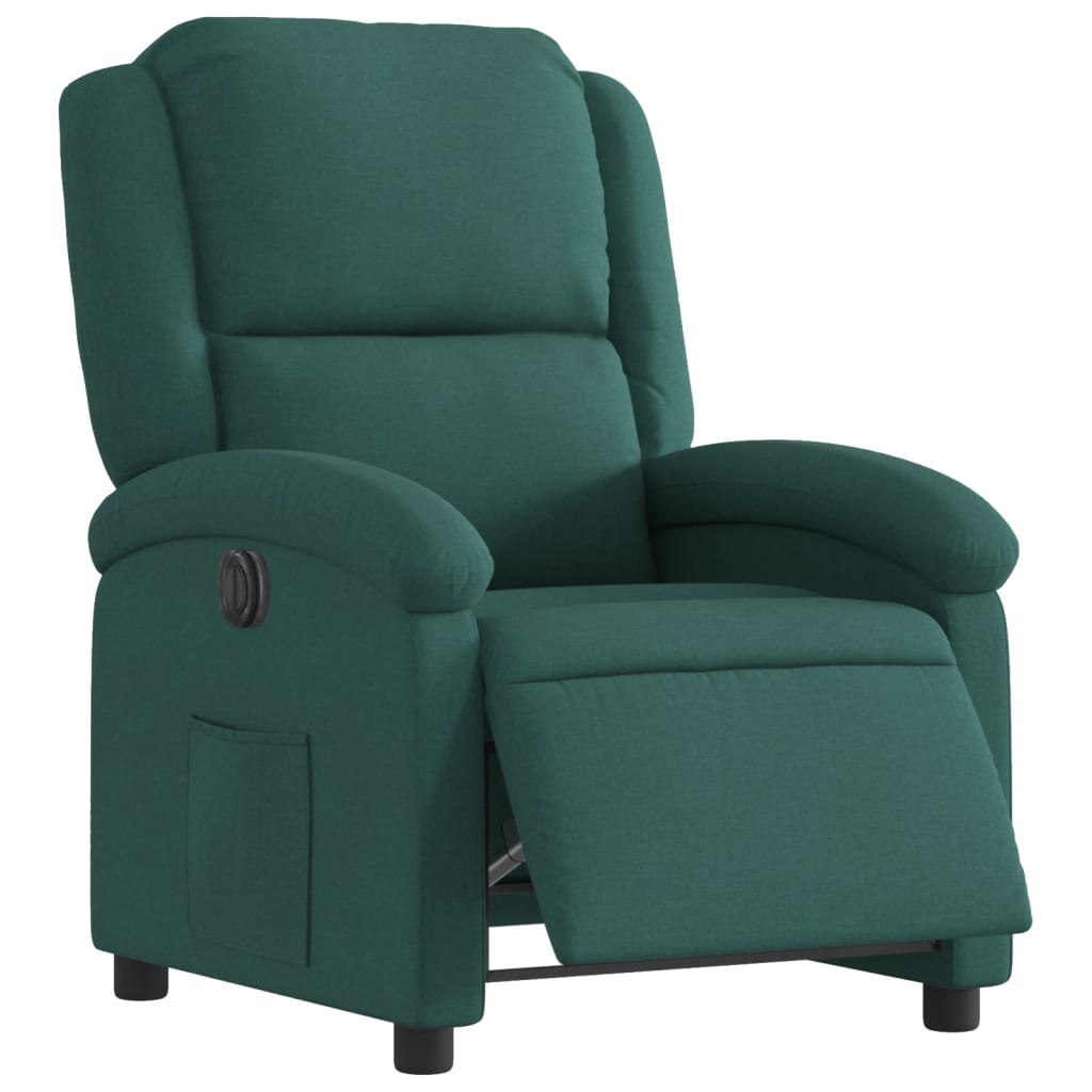 Electric recliner chair in dark green fabric