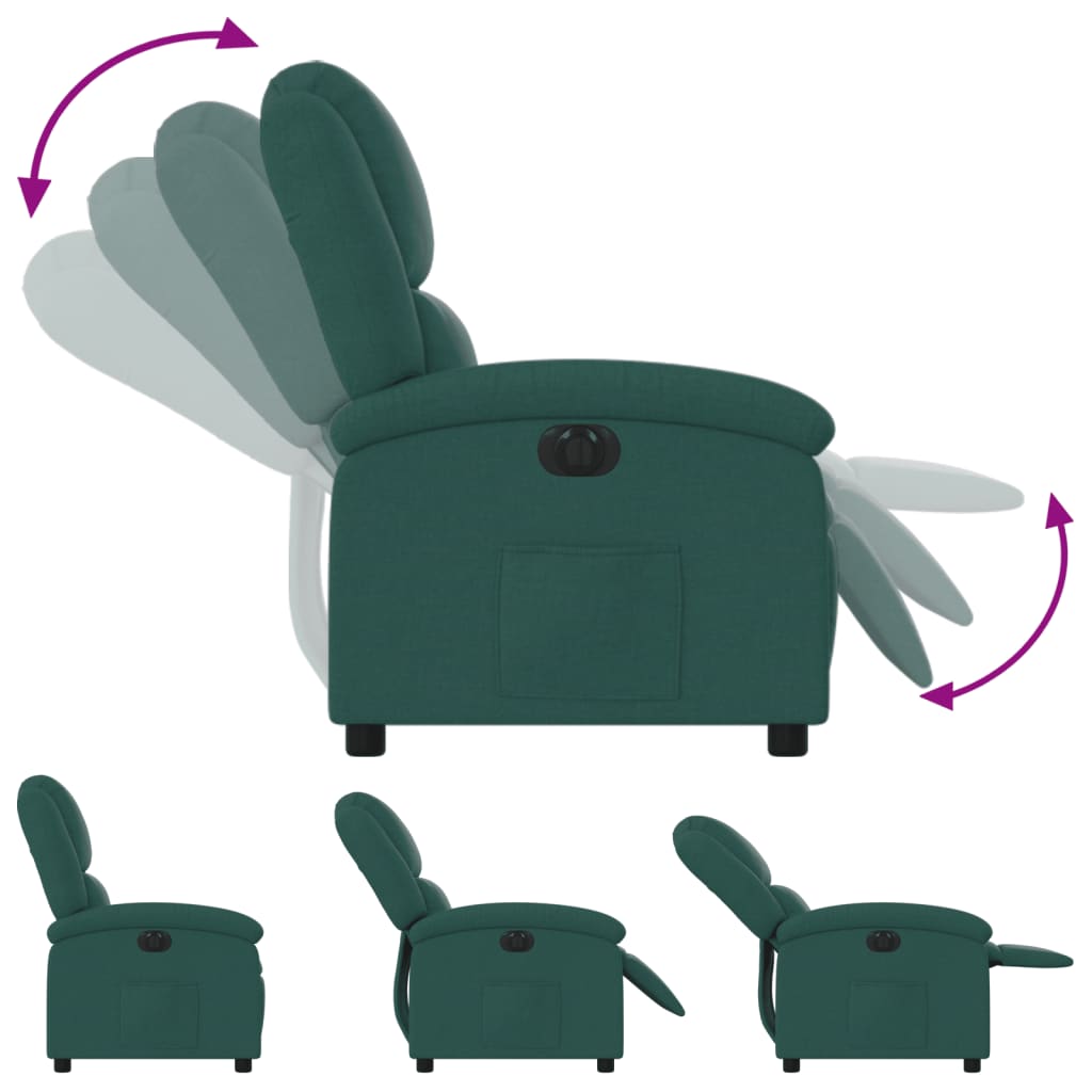 Electric recliner chair in dark green fabric