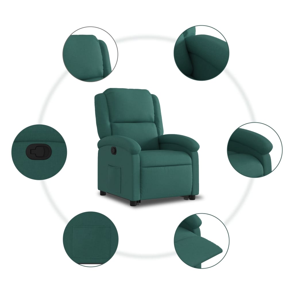 Relaxing chair with stand-up aid dark green fabric