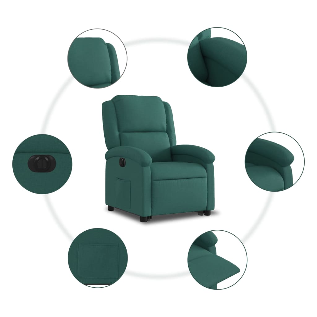 Relaxing chair with electric riser in dark green fabric