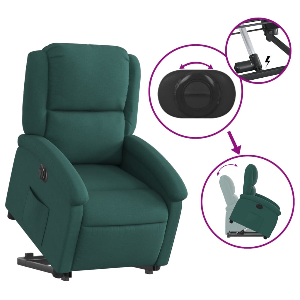 Relaxing chair with electric riser in dark green fabric